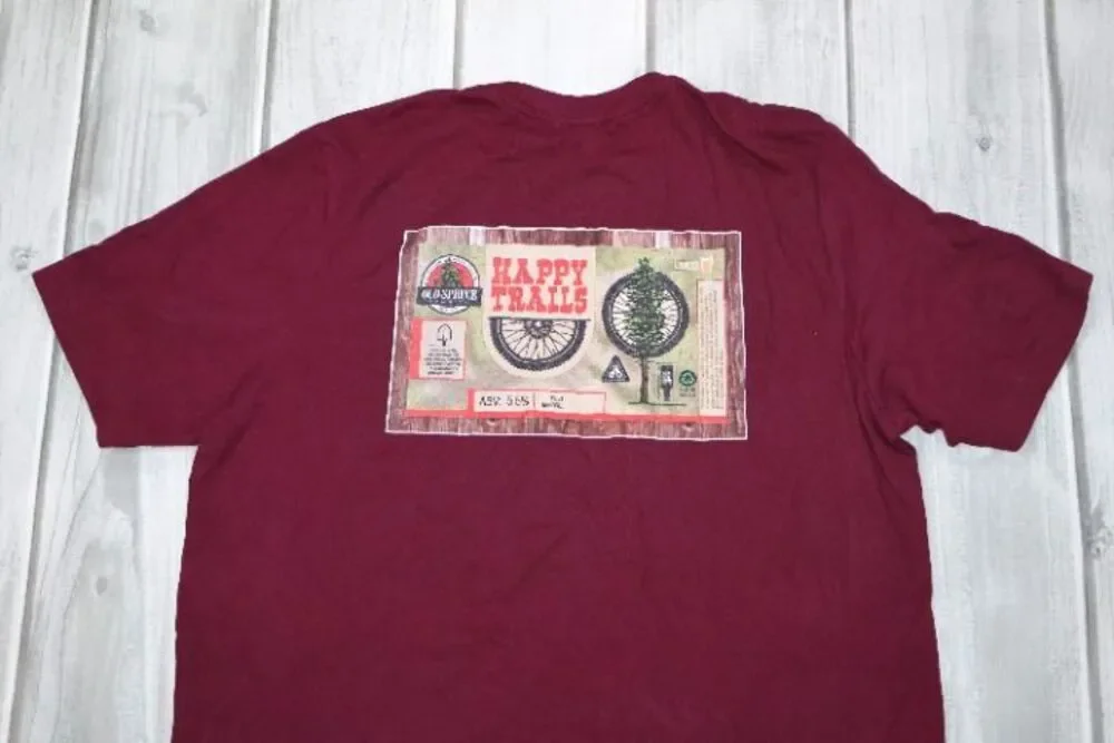 Old Spruce Brewing Happy Trails Beer Men's XL Maroon T-Shirt West Virgina Tree
